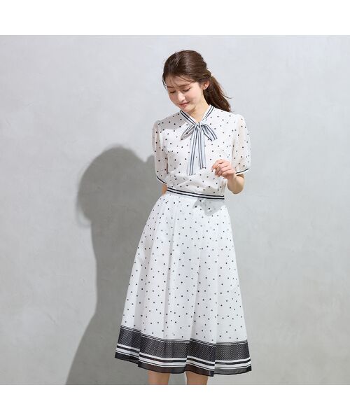 Rose Tiara / ローズティアラ ミニ・ひざ丈スカート | 裾配色ボーダー ドットプリントフレアスカート（オフ）