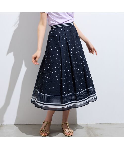 Rose Tiara / ローズティアラ ミニ・ひざ丈スカート | 裾配色ボーダー ドットプリントフレアスカート（ダークブルー）