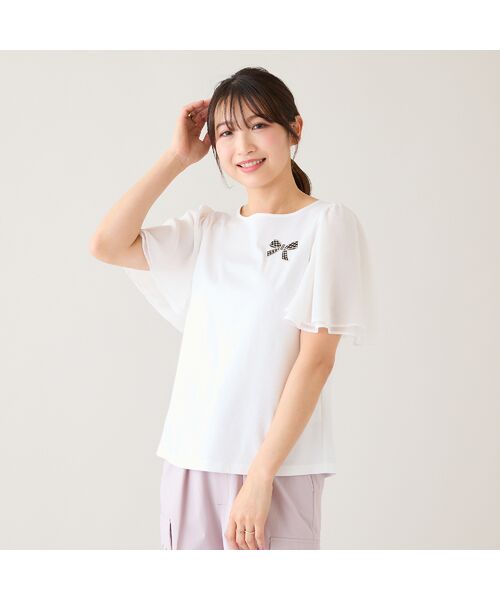 Rose Tiara / ローズティアラ カットソー | 【接触冷感/綿100%】リボンワッペンフレア袖カットソー（オフ）