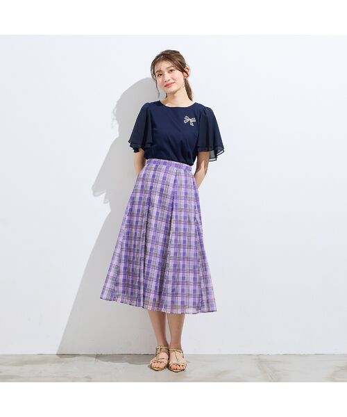 Rose Tiara / ローズティアラ カットソー | 【接触冷感/綿100%】リボンワッペンフレア袖カットソー（ダークブルー）