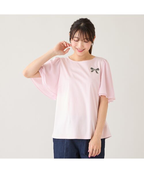 Rose Tiara / ローズティアラ カットソー | 【接触冷感/綿100%】リボンワッペンフレア袖カットソー（ピンク）