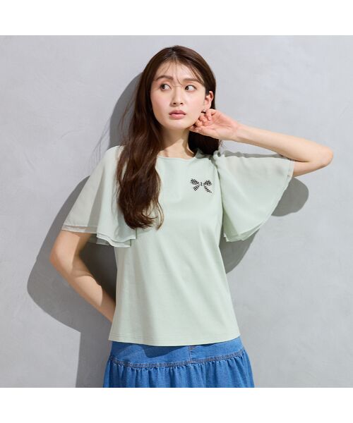 Rose Tiara / ローズティアラ カットソー | 【接触冷感/綿100%】リボンワッペンフレア袖カットソー（グリーン）