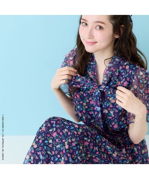 Rose Tiara / ローズティアラ ミニ丈・ひざ丈ワンピース | 【サンリオキャラクターズ】サンリオキャラクター MIXプリントワンピース（ダークブルー）