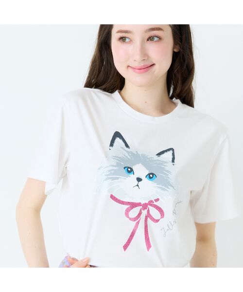 Rose Tiara / ローズティアラ カットソー | ネコプリント半袖Tシャツ(オフ)