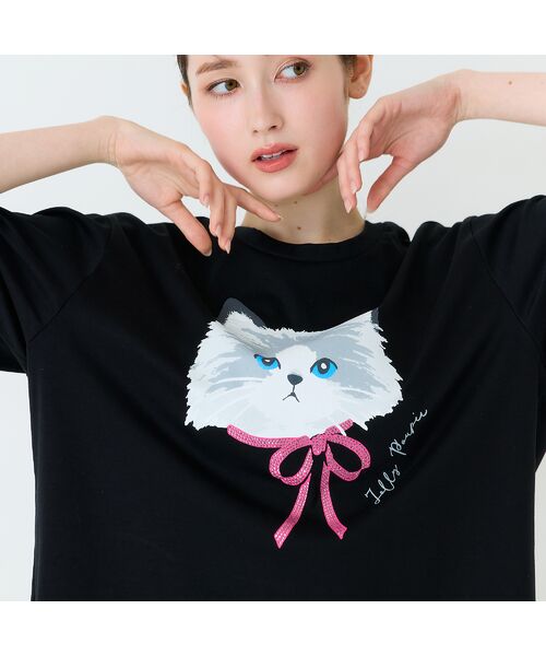 Rose Tiara / ローズティアラ カットソー | ネコプリント半袖Tシャツ(ブラック)