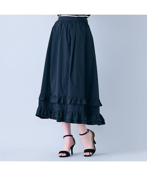 Rose Tiara / ローズティアラ ミニ・ひざ丈スカート | 【モデル美香着用】裾ギャザーフリル付きスカート（ブラック）