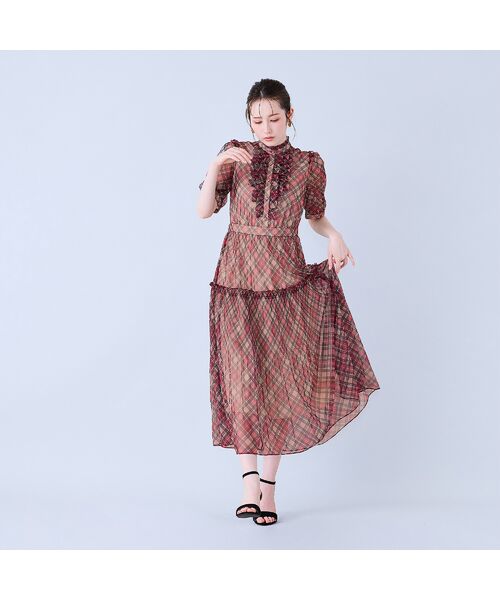Rose Tiara / ローズティアラ ミニ丈・ひざ丈ワンピース | チェック・デニムプリントフロントタックフリルワンピース | 詳細1