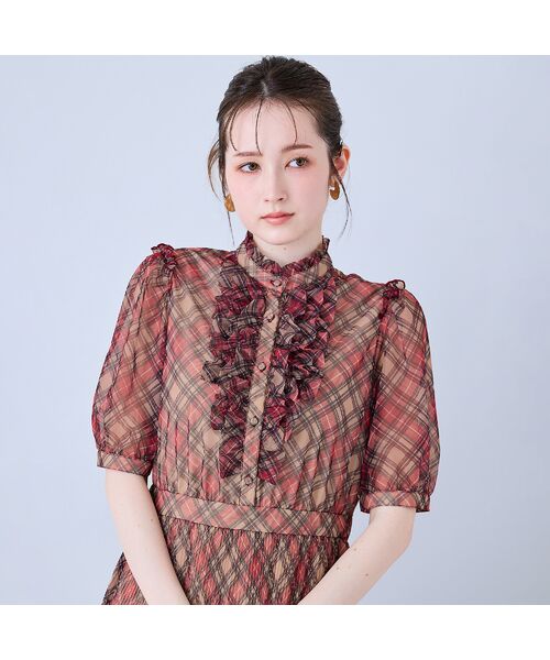 Rose Tiara / ローズティアラ ミニ丈・ひざ丈ワンピース | チェック・デニムプリントフロントタックフリルワンピース | 詳細4
