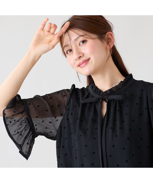 Rose Tiara / ローズティアラ シャツ・ブラウス | ドットフロッキーフリルブラウス（ブラック）