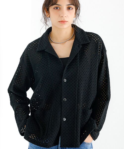 Rouge vif la cle/ルージュ・ヴィフ ラクレ 【Le Melange/ル・メランジュ】ラッセル編 シアーシャツ / レースシャ ブラック F Rouge vif la cle/ルージュ・ヴィフ ラクレ 【Le Melange/ル・メランジュ】ラッセル編 シアーシャツ / レースシャ ブラック F