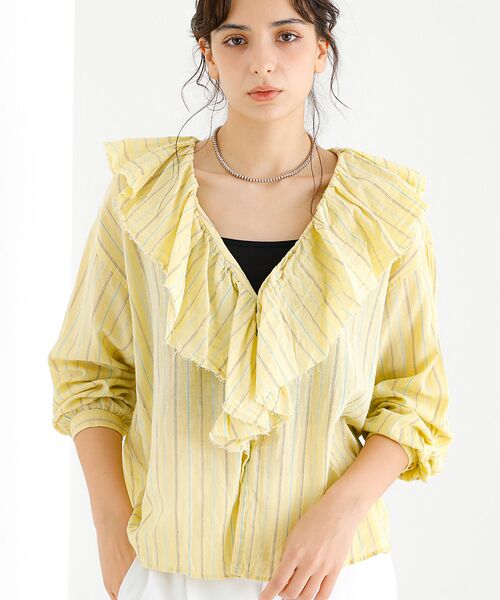 Rouge vif la cle/ルージュ・ヴィフ ラクレ 【Le Melange/ル・メランジュ】ラッフルリネンブラウス / 無地 / ス イエロー F Rouge vif la cle/ルージュ・ヴィフ ラクレ 【Le Melange/ル・メランジュ】ラッフルリネンブラウス / 無地 / ス イエロー F