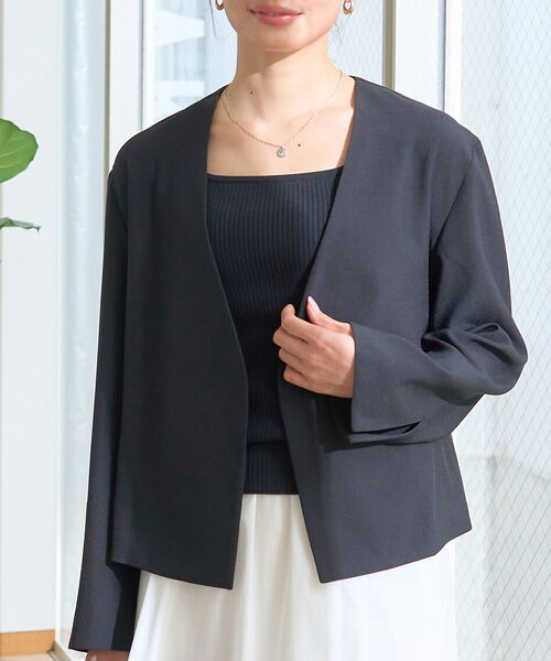 Rouge vif la cle / ルージュ・ヴィフ ラクレ ノーカラージャケット | 【セットアップ対応】ベルトノーカラーライトジャケット(ブラック)