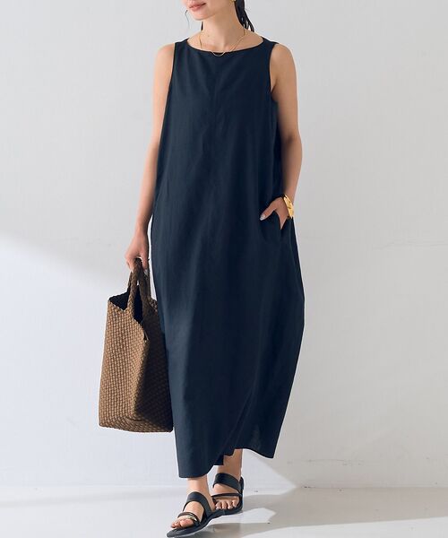 Rouge vif la cle/ルージュ・ヴィフ ラクレ 麻混ノースリーブ 後ろタックワンピース ブラック 38 Rouge vif la cle/ルージュ・ヴィフ ラクレ 麻混ノースリーブ 後ろタックワンピース ブラック 38