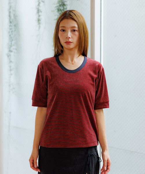 Rouge vif la cle / ルージュ・ヴィフ ラクレ Tシャツ | 【Le Melange/ル・メランジュ】ベロアボーダーTシャツ/#8541007 | 詳細4