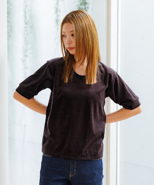 Rouge vif la cle / ルージュ・ヴィフ ラクレ Tシャツ | 【Le Melange/ル・メランジュ】ベロアボーダーTシャツ/#8541007 | 詳細20