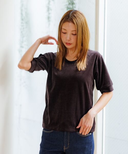 Rouge vif la cle / ルージュ・ヴィフ ラクレ Tシャツ | 【Le Melange/ル・メランジュ】ベロアボーダーTシャツ/#8541007 | 詳細21