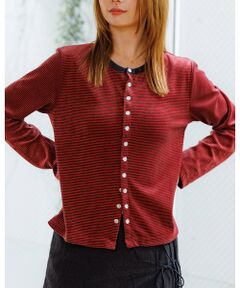 Rouge vif la cle / ルージュ・ヴィフ ラクレ カーディガン・ボレロ | 【Le Melange/ル・メランジュ】ベロアボーダーカーディガン/ベロア/カー