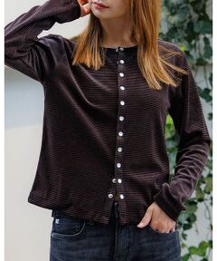 Rouge vif la cle / ルージュ・ヴィフ ラクレ カーディガン・ボレロ | 【Le Melange/ル・メランジュ】ベロアボーダーカーディガン/ベロア/カー