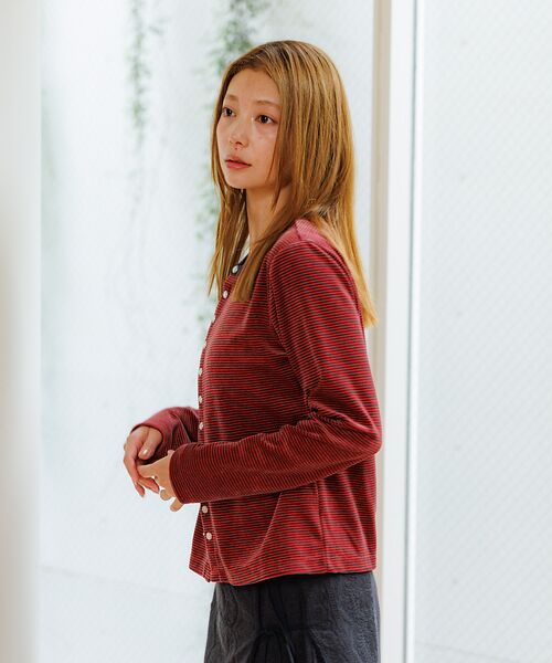 Rouge vif la cle / ルージュ・ヴィフ ラクレ カーディガン・ボレロ | 【Le Melange/ル・メランジュ】ベロアボーダーカーディガン/ベロア/カー | 詳細1