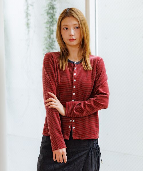 Rouge vif la cle / ルージュ・ヴィフ ラクレ カーディガン・ボレロ | 【Le Melange/ル・メランジュ】ベロアボーダーカーディガン/ベロア/カー | 詳細2