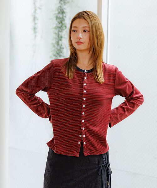 Rouge vif la cle / ルージュ・ヴィフ ラクレ カーディガン・ボレロ | 【Le Melange/ル・メランジュ】ベロアボーダーカーディガン/ベロア/カー | 詳細5