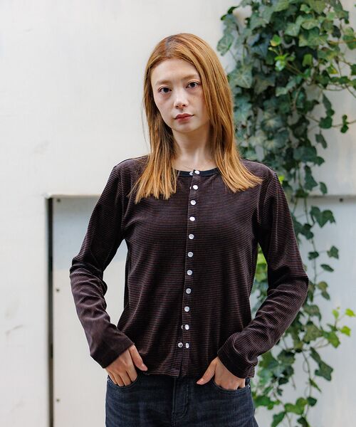 Rouge vif la cle / ルージュ・ヴィフ ラクレ カーディガン・ボレロ | 【Le Melange/ル・メランジュ】ベロアボーダーカーディガン/ベロア/カー | 詳細12