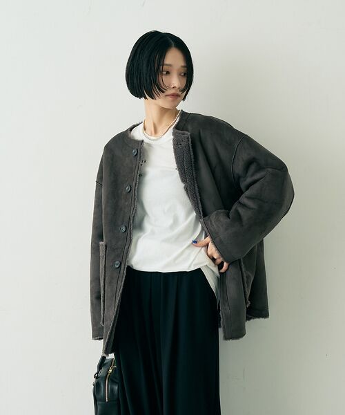 Rouge vif la cle / ルージュ・ヴィフ ラクレ アウター | 【2サイズ展開】2WAYスウェードリバーシブルボアコート / ノーカラーコート | 詳細20