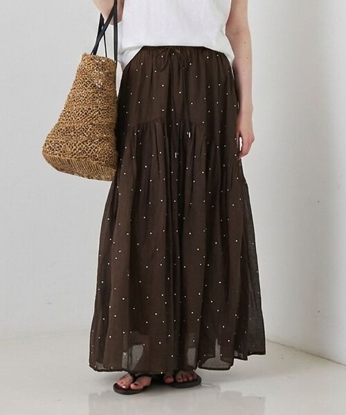 Rouge vif la cle / ルージュ・ヴィフ ラクレ ロング・マキシ丈スカート | インドドット刺繍ギャザーフレア切り替えスカート/ウエストゴム【予約】 | 詳細1