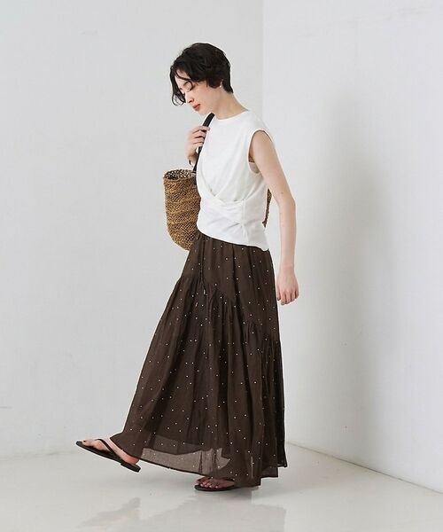 Rouge vif la cle / ルージュ・ヴィフ ラクレ ロング・マキシ丈スカート | インドドット刺繍ギャザーフレア切り替えスカート/ウエストゴム【予約】 | 詳細4