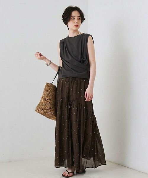 Rouge vif la cle / ルージュ・ヴィフ ラクレ ロング・マキシ丈スカート | インドドット刺繍ギャザーフレア切り替えスカート/ウエストゴム【予約】 | 詳細5