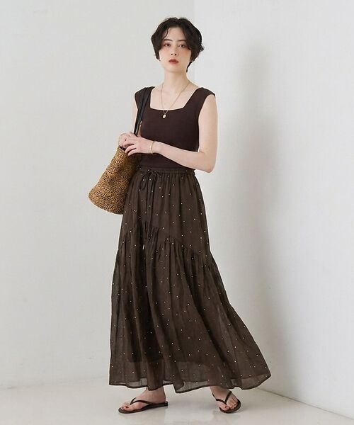 Rouge vif la cle / ルージュ・ヴィフ ラクレ ロング・マキシ丈スカート | インドドット刺繍ギャザーフレア切り替えスカート/ウエストゴム【予約】 | 詳細7