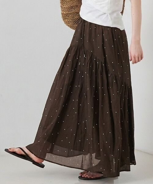 Rouge vif la cle / ルージュ・ヴィフ ラクレ ロング・マキシ丈スカート | インドドット刺繍ギャザーフレア切り替えスカート/ウエストゴム【予約】（ブラウン）