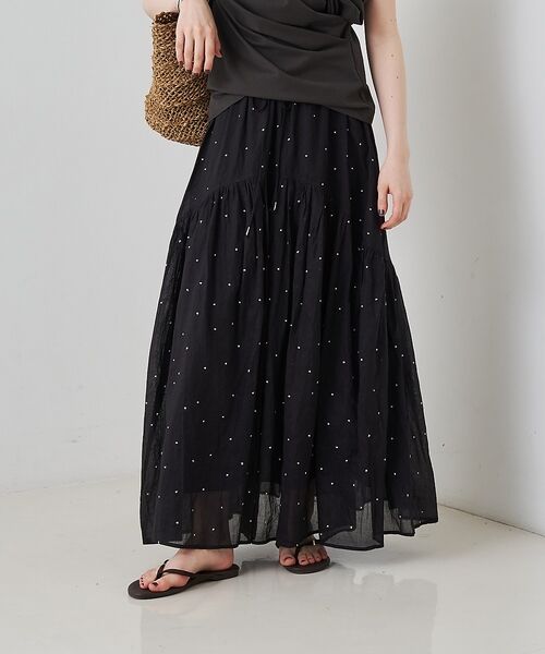 Rouge vif la cle / ルージュ・ヴィフ ラクレ ロング・マキシ丈スカート | インドドット刺繍ギャザーフレア切り替えスカート/ウエストゴム【予約】 | 詳細9