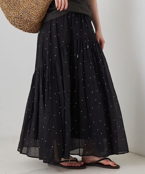 Rouge vif la cle / ルージュ・ヴィフ ラクレ ロング・マキシ丈スカート | インドドット刺繍ギャザーフレア切り替えスカート/ウエストゴム【予約】（ブラック）