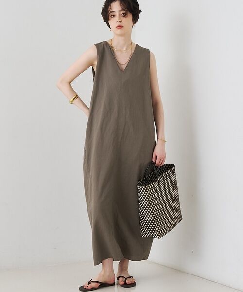 Rouge vif la cle / ルージュ・ヴィフ ラクレ ワンピース | 【2サイズ展開】【定番人気】麻混ノースリーブVネックワンピース/ポケット付き/コ（モカ）