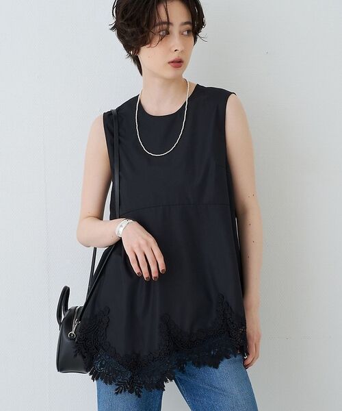 Rouge vif la cle / ルージュ・ヴィフ ラクレ シャツ・ブラウス | ランダムヘム裾レースノースリーブブラウス【予約】（ブラック）