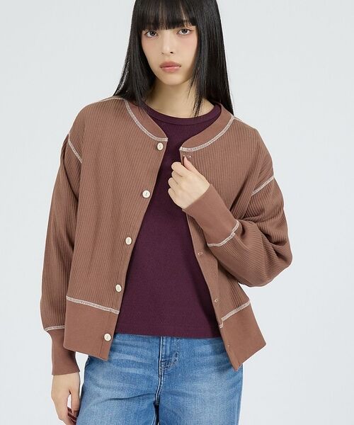 Rouge vif la cle / ルージュ・ヴィフ ラクレ カーディガン・ボレロ | 【Healthknit/ヘルスニット】ARMYリブ クルーネックカーディガン/長（ブラウン）