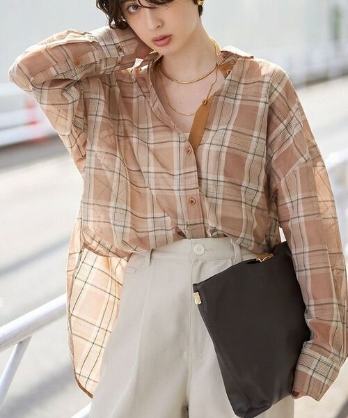 Rouge vif la cle / ルージュ・ヴィフ ラクレ シャツ・ブラウス | P/R強撚シアーチェック2WAYシャツ/カシュクールシャツ【予約】（ベージュ）