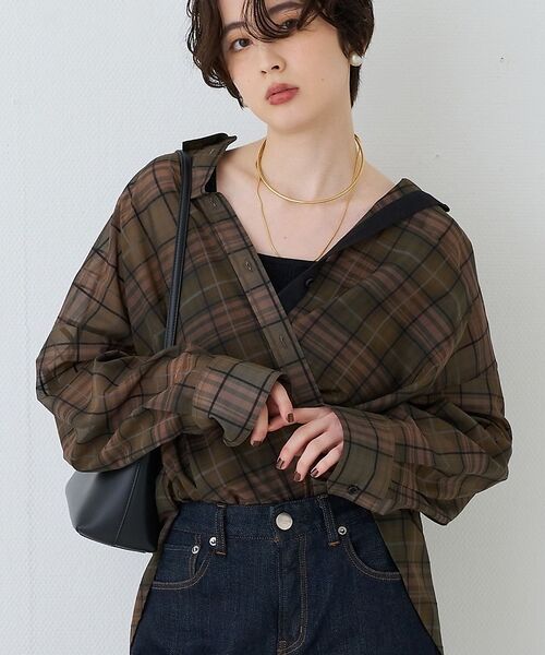 Rouge vif la cle / ルージュ・ヴィフ ラクレ シャツ・ブラウス | P/R強撚シアーチェック2WAYシャツ/カシュクールシャツ【予約】（グリーン）