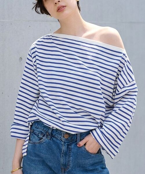 Rouge vif la cle / ルージュ・ヴィフ ラクレ Tシャツ | ボーダーボートネックカットソー/ロングスリーブTシャツ【予約】（ブルー）