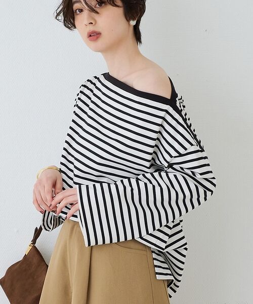 Rouge vif la cle / ルージュ・ヴィフ ラクレ Tシャツ | ボーダーボートネックカットソー/ロングスリーブTシャツ【予約】（ブラック）