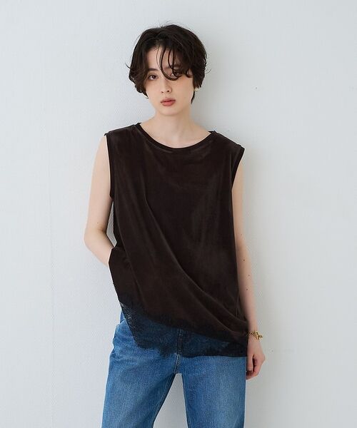 Rouge vif la cle / ルージュ・ヴィフ ラクレ Tシャツ | シアーベロアノースリーブヘムレースカットソー【予約】 | 詳細1