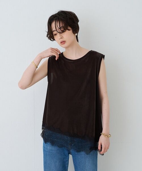 Rouge vif la cle / ルージュ・ヴィフ ラクレ Tシャツ | シアーベロアノースリーブヘムレースカットソー【予約】 | 詳細2