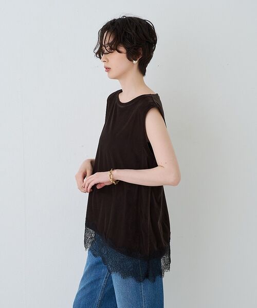 Rouge vif la cle / ルージュ・ヴィフ ラクレ Tシャツ | シアーベロアノースリーブヘムレースカットソー【予約】 | 詳細3