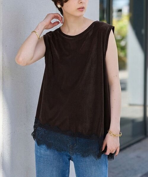 Rouge vif la cle / ルージュ・ヴィフ ラクレ Tシャツ | シアーベロアノースリーブヘムレースカットソー【予約】（ダークブラウン）