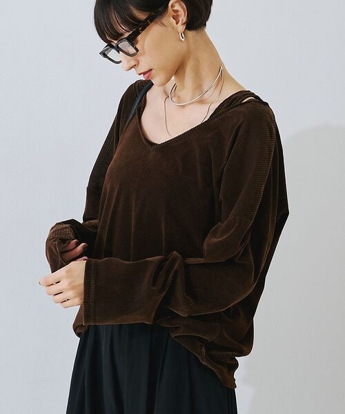 Rouge vif la cle / ルージュ・ヴィフ ラクレ Tシャツ | 【2点セット】シアーベロアストライプアンサンブル【予約】（ブラウン）