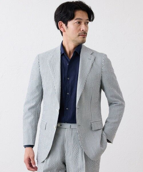 SANYO ESSENTIALS / サンヨーエッセンシャルズ ノーカラージャケット | ウール＆コットン シアーサッカージャケット（ブルー3）