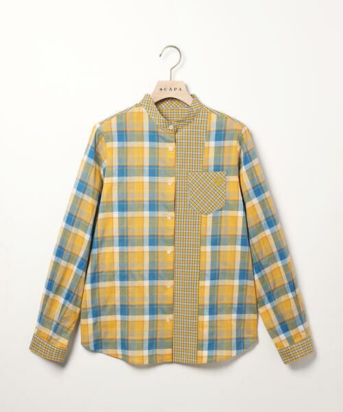 SCAPA Lサイズ/スキャパエルサイズ チェックパッチワークブラウス イエロー×パッチワーク 44 SCAPA Lサイズ/スキャパエルサイズ チェックパッチワークブラウス イエロー×パッチワーク 44