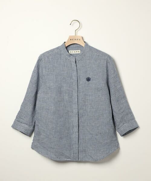 SCAPA Lサイズ / スキャパエルサイズ シャツ・ブラウス | リネンギンガム七分袖ブラウス（ネイビー）