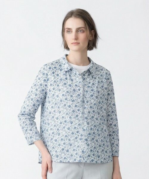 SCAPA Lサイズ / スキャパエルサイズ カットソー | フラワージャージ衿付きカットソー（ブルー）